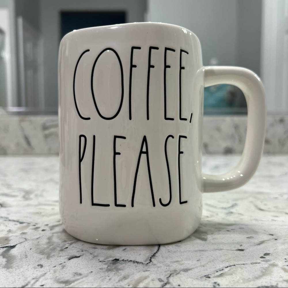 Rae Dunn, Coffee Please. Coffee cup. White and black